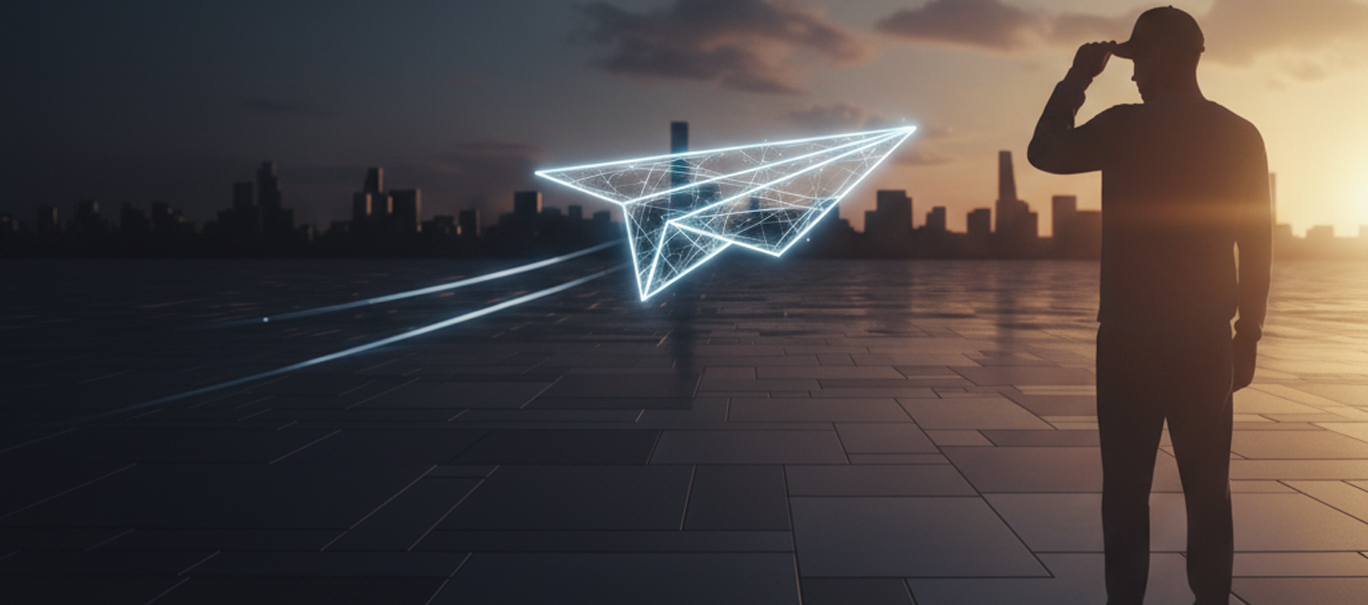 Man standing on a rooftop with a futuristic paper airplane graphic and city skyline in the background